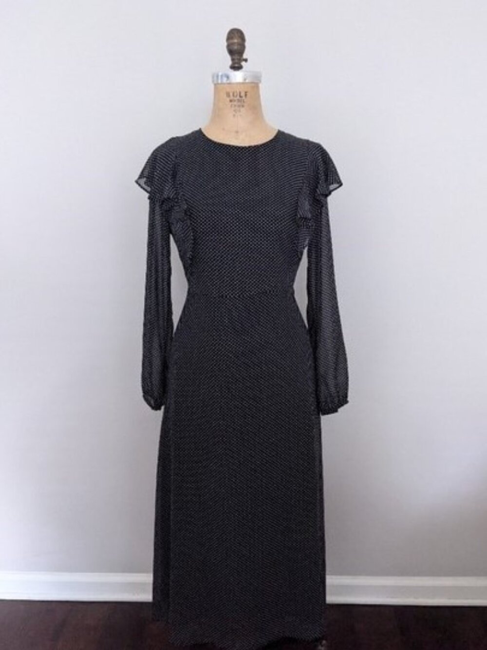 Who What Wear A-Line Black & White Polka Dot Midi Long Sleeve Dress